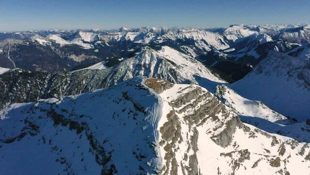 Aerial view, Alps in winter, mountain panorama, summit of Schafreuter, Karwendel, Bavaria, Germany, Europe