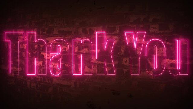 Neon sign text Thank you.  Brick wall with the words "Thank you" written in bright orange at night. Messages of thanks, joy, and thankfulness. 3D representation