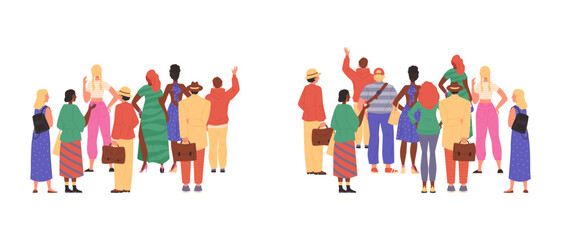 Fototapeta premium Two crowds of people vector isolated set, men and women view from back, viewed from behind various people characters