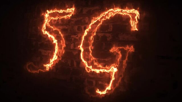 Glowing 5G backdrop. Fire Light Texture 3D 5G Cellular Network Animation. 5G technology text inscription. Stylish fire letters glow and shimmer on the black background.