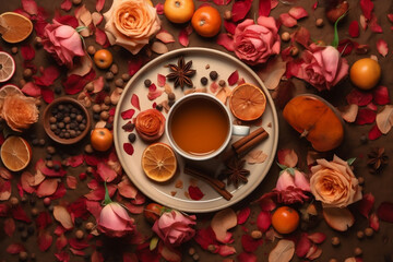 Obraz na płótnie Canvas Autumn-themed Flat Lay: Coffee, Dried Fruits, and Leaves