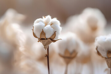 A macro shot of a cotton plant with a blurred. Dried fluffy cotton flower branch on a beige background. Cotton fields. Realistic 3D illustration. Generative AI - obrazy, fototapety, plakaty