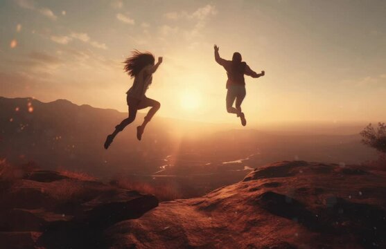 Two people in mid-air as they jump off a cliff. Generative ai
