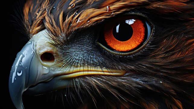 Intense Bird of Prey Gaze, Close-Up of Red-tailed Hawk's Eyes and Full Body on a Dramatic Black Background, Revealing Nature's Wonders
