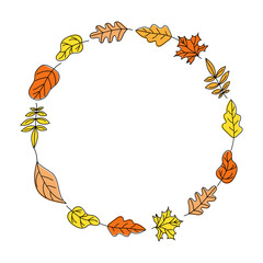 Banner Autumn Leaves . Round border frame. Set, background with leaves.   Leaves flying. Doodle style drawings. Color vector illustration, isolated background.