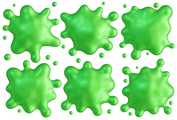 Green slime blobs set. Abstract 3d objects in organic design style. Smooth paint drops or splats. 3d render - 629651480