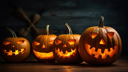 Halloween pumpkins row on the wooden floor. Jack O Lantern parade for Halloween holidays.