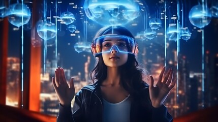 Fototapeta na wymiar young cute girl in a futuristic world Using VR glasses