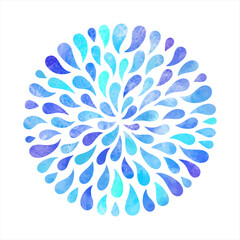 Round shape, circle made of watercolor vector water drops, hand drawn blue droplets, watercolour raindrops. Radial pattern, border, frame template, aquatic design element. Autumn aquarelle background.