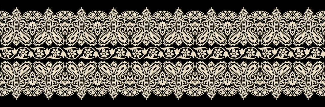 Ornamental flower border with paisley and tribal design elements. seamless paisley motif floral textile border.