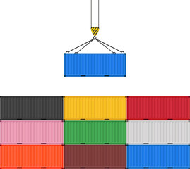 Collection of cargo containers in different colors. Container hanging on a crane hook. Flat design. White background.	
