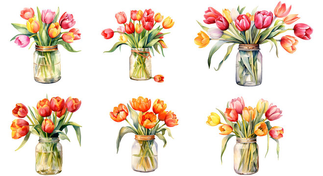 Watercolor tulip flowers in a glass jar set transparent background. Beautiful painting flowers of tulips in a jar png bundle