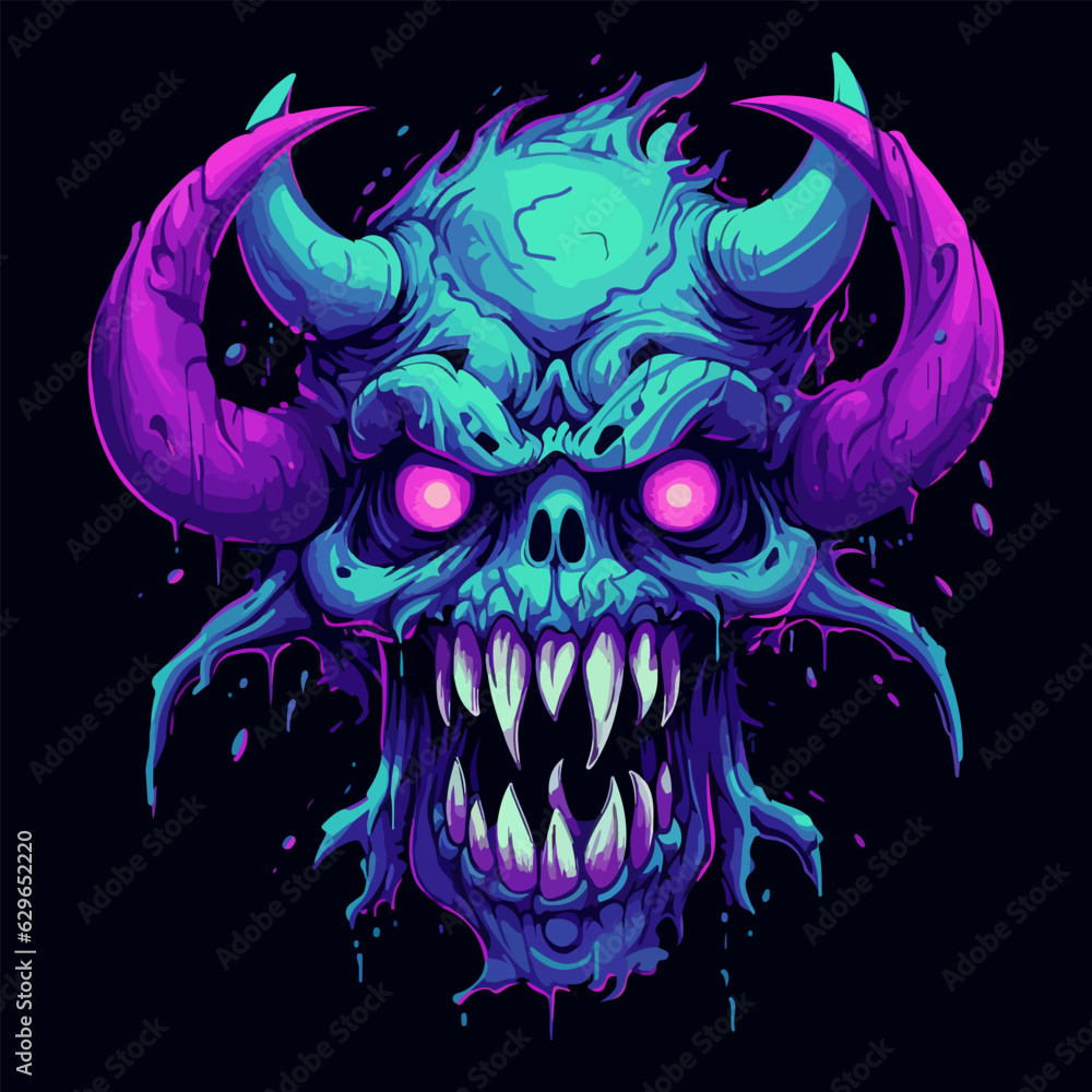 Wall mural a blue and purple monster with horns sticking out of, vector art - Wall murals
