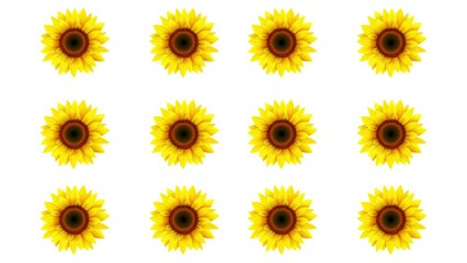 sunflowers blooming and rotating on a white background. The yellow petals open up gradually, revealing the brown center of the flower. The sunflower rotates slowly, showing its beauty - Powered by Adobe