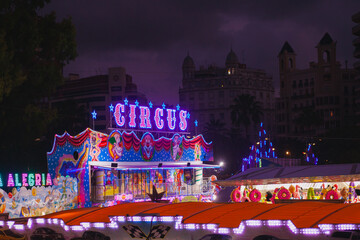 Amusement park with circus  neon sign at night