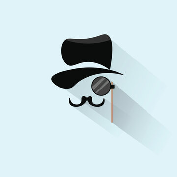 Gentlemen, monocle Cartoon glasses and an old classic hat. Male face, mask
