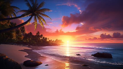 beautiful landscape photo of tropical beach at sunset, sunrise for poster