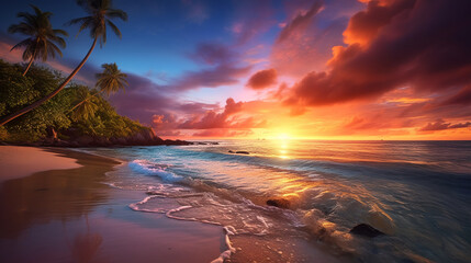beautiful landscape photo of tropical beach at sunset, sunrise for poster