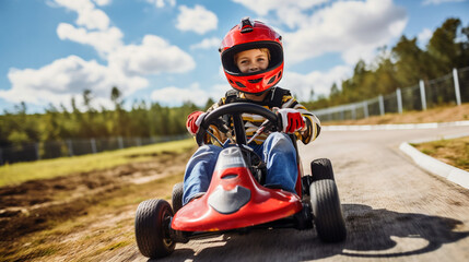 Young Racer: Boy Speeding on Kart Across the Track - obrazy, fototapety, plakaty