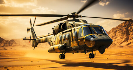 Fototapeta na wymiar Aerial View of Military Helicopter Landing in the Desert