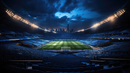 The atmosphere of a large and modern football stadium in the twilight. - obrazy, fototapety, plakaty