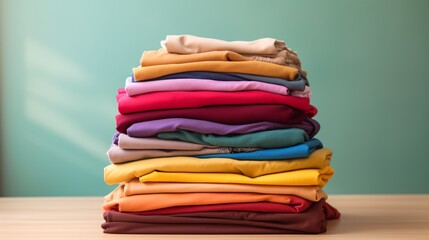 Stack of colorful clothes. Pile of clothing on table empty space background. Laundry and household.