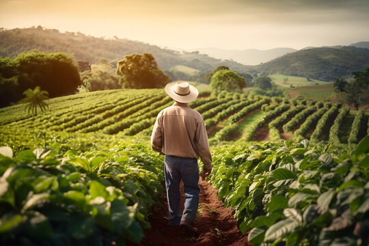 Rear view shot of a old male farmer looking at a green coffee field. Coffee plantation farm over a hill, coffee harvest.