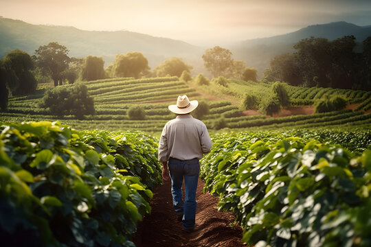 Rear view shot of a old male farmer looking at a green coffee field. Coffee plantation farm over a hill, coffee harvest.