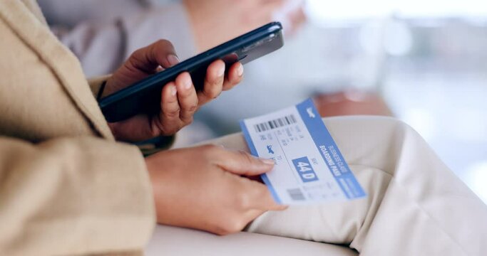 Travel, airport and hands with phone and ticket, boarding pass and documents for business trip. Holiday, vacation and woman on smartphone for social media, flight and online departure information