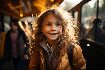 Close up view Profile view of a boy getting on a school bus, excitement of going back to school. Preschool. adolescence. childhood. AI generated illustration