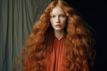 Fototapeta premium portrait of a woman/model/book character in a close up with long copper red hair in a fashion/beauty editorial advertisement magazine style film photography look redhead - generative ai art 