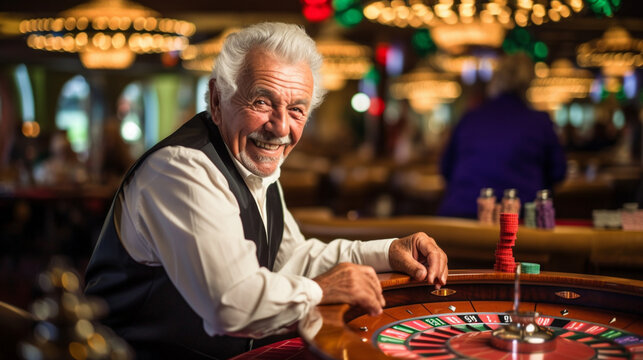 Happy Old Man Gambling in the Casino
