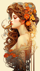 portrait of woman in flowers art nouveau style, made with Generative AI