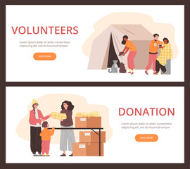 Set of website banner templates about volunteers and donation flat style