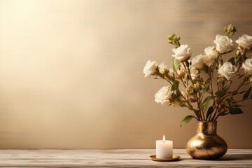 A vase with flowers and a candle on a table. Yom Kippur tradition. Copy space, place for text.