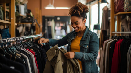 A black woman selling clothes in the store - obrazy, fototapety, plakaty