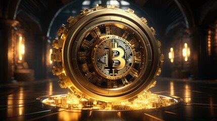 Obraz premium A golden bitcoin sitting on top of a pile of gold coins. Cyber security concept image.