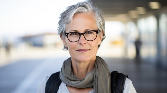 A woman wearing glasses and a scarf. Digital image. Middle-aged european traveller.
