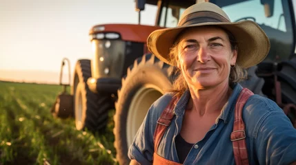 Foto auf Alu-Dibond A woman standing in a field with a tractor behind her. Digital image. Portrait of a european farmer. © tilialucida