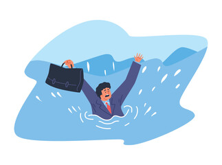 Business man sinking holding briefcase in hands asking for help, risk management in financial crisis storm flat vector