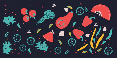 Abstract appetizing Vegetables collection. Decorative abstract horizontal banner with colorful doodles. Hand-drawn modern illustrations with Vegetables, abstract elements.