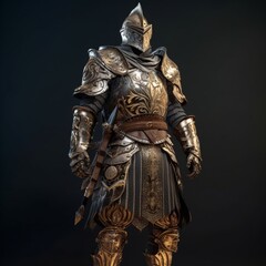 Fototapeta premium Knight in armor against the background of fire, metal armor of a military theme. Game character in the style of dark souls. Soullike armor for games and entertainment. Generative AI