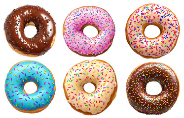 set of donuts, isolated on transparent background cutout - png - different flavors mockup for design - image compositing footage - alpha channel