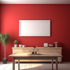 A room with vibrant red walls and a rustic wooden table
