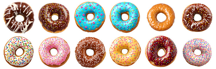 collection of donuts, isolated on transparent background cutout - png - different flavors mockup for design - image compositing footage - alpha channel - 629657657