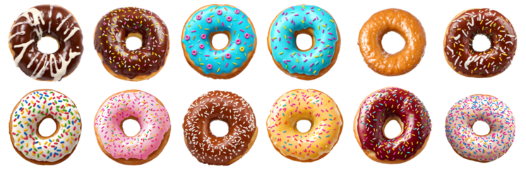 collection of donuts, isolated on transparent background cutout - png - different flavors mockup for design - image compositing footage - alpha channel