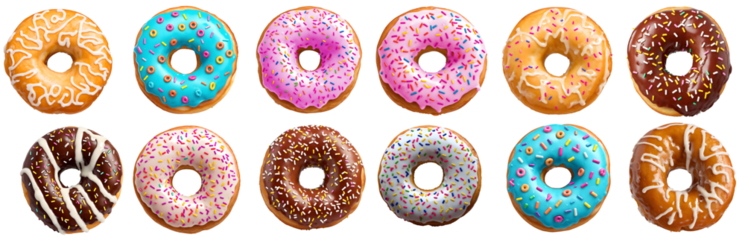 set of donuts, isolated on transparent background cutout - png - different flavors mockup for design - image compositing footage - alpha channel
