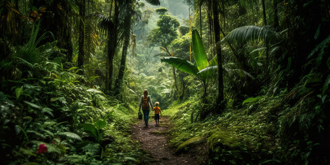 Obraz premium Illustration of mother and son walking through a lush tropical forest. Mother and son on forest trail through mossy trees in park. Rear view of mother and son in the forest. Generative AI