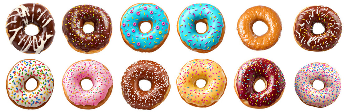collection of donuts, isolated on transparent background cutout - png - different flavors mockup for design - image compositing footage - alpha channel
