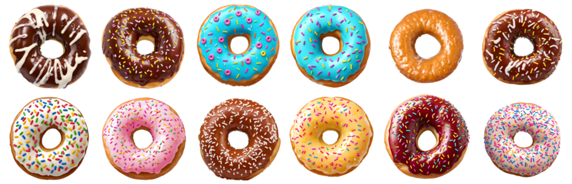 collection of donuts, isolated on transparent background cutout - png - different flavors mockup for design - image compositing footage - alpha channel